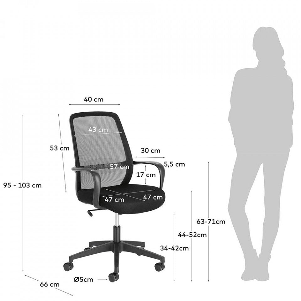 Scaun birou rotativ negru din textil Melva Kave Home