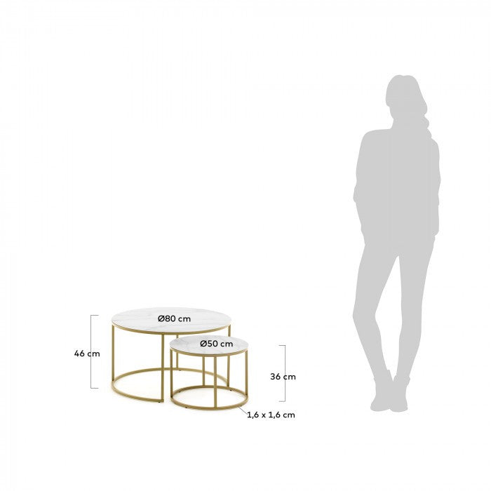 Set 2 mese de cafea albe/aurii din metal Leonor Kave Home