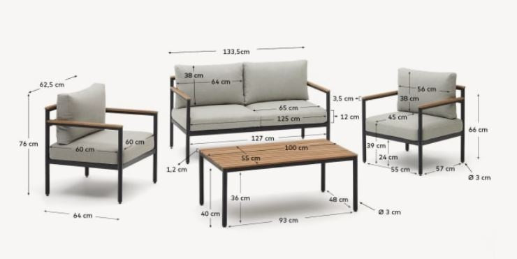 Set canapea, masuta si 2 fotolii maro/gri din metal Aiguafreda Kave Home