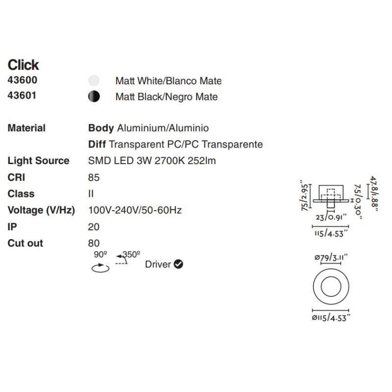 Spot incastrabil cu reader LED directionabil CLICK White