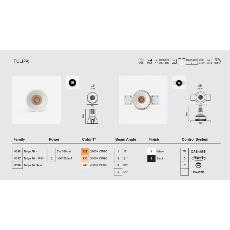 Spot LED incastrabil TULIPA Black recessed downlight 10W 24° 4000K CRI90 casambi IP44