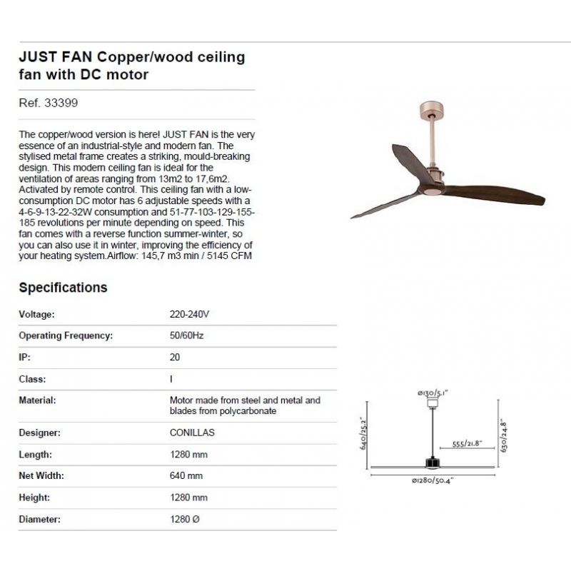 Ventilator cu telecomanda JUST cupru/ nuc