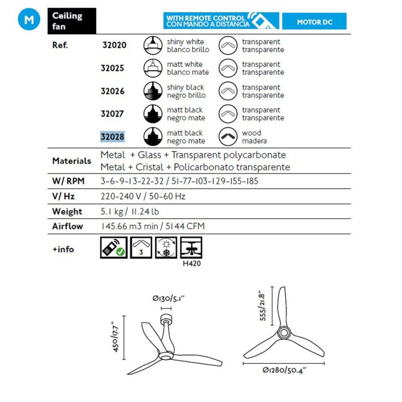 Ventilator cu telecomanda MINI ETERFAN negru mat/ lemn