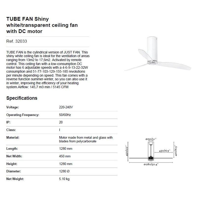 Ventilator cu telecomanda Tube alb lucios / transparent