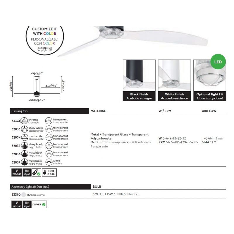 Ventilator cu telecomanda Tube alb lucios / transparent