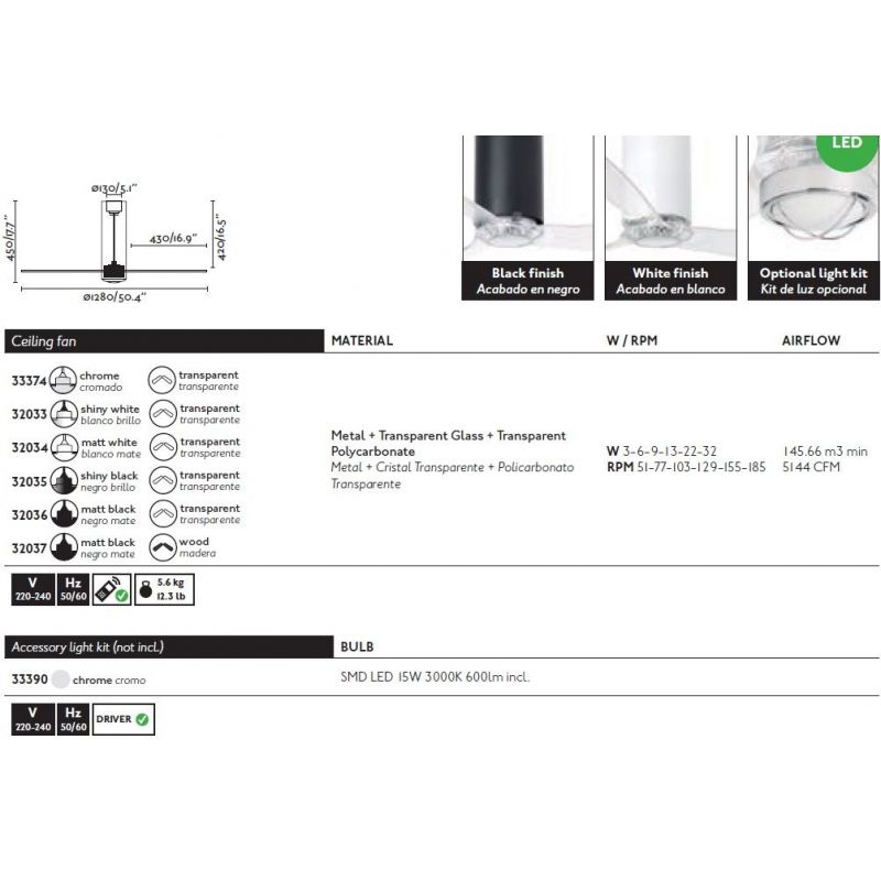 Ventilator cu telecomanda Tube crom / transparent