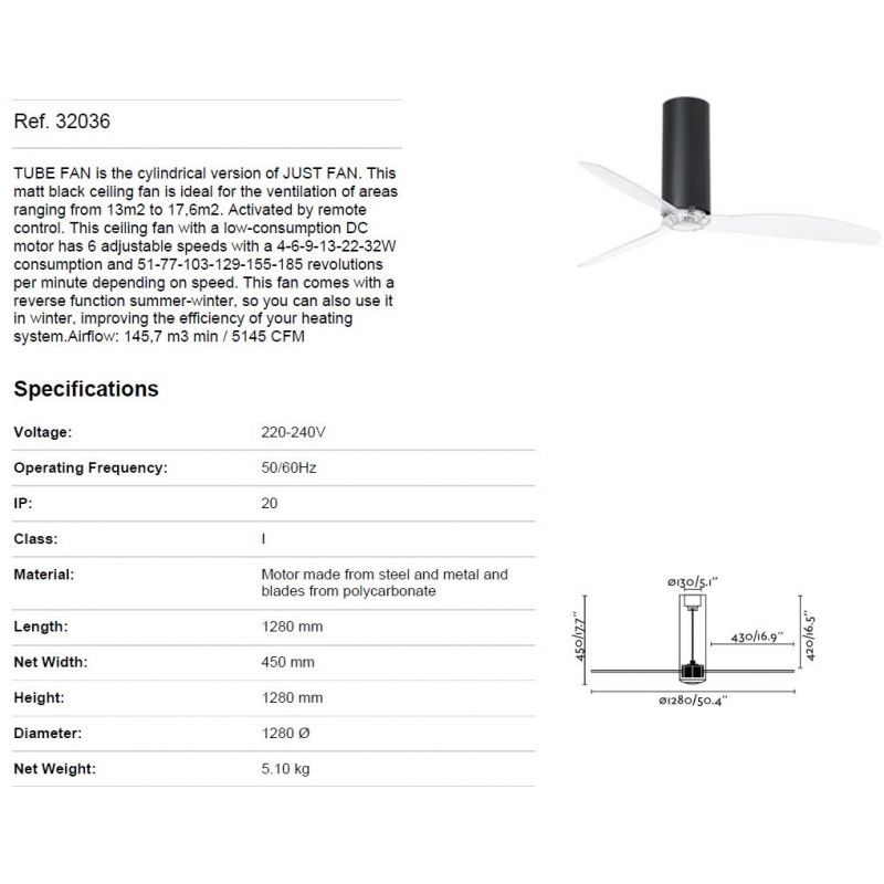 Ventilator cu telecomanda Tube negru mat / transparent