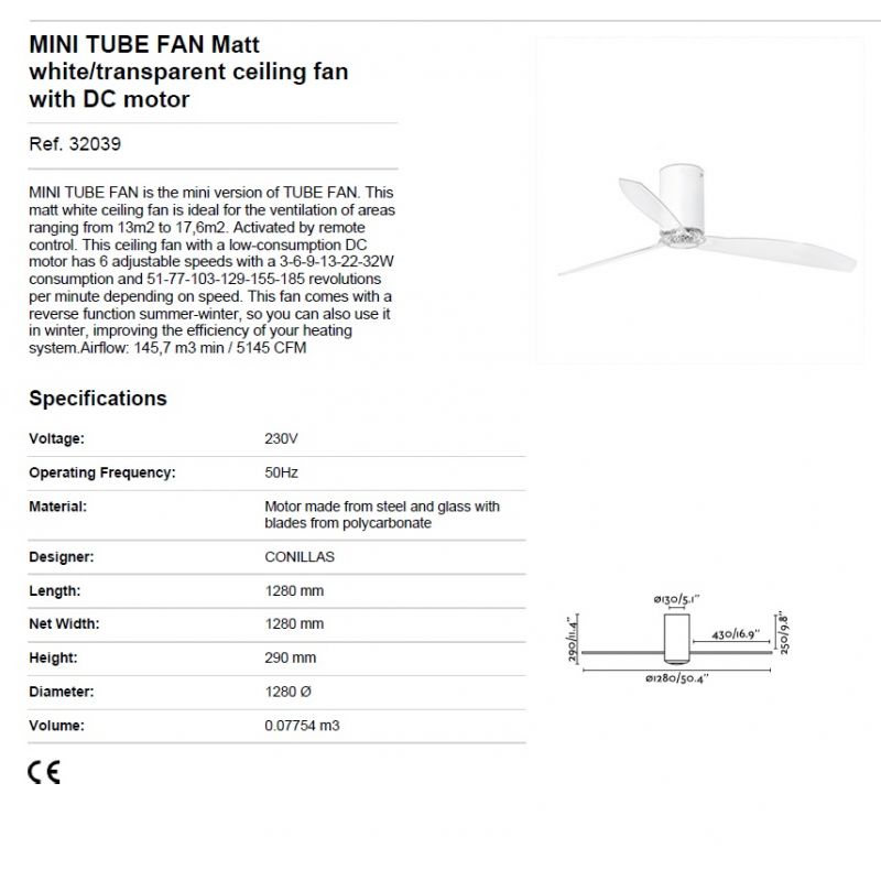 Ventilator de tavan modern cu telecomanda MINI TUBE FAN alb mat/transparent