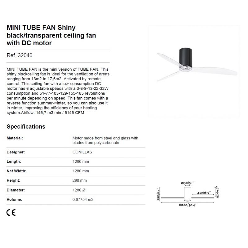 Ventilator de tavan modern cu telecomanda MINI TUBE FAN negru lucios/transparent