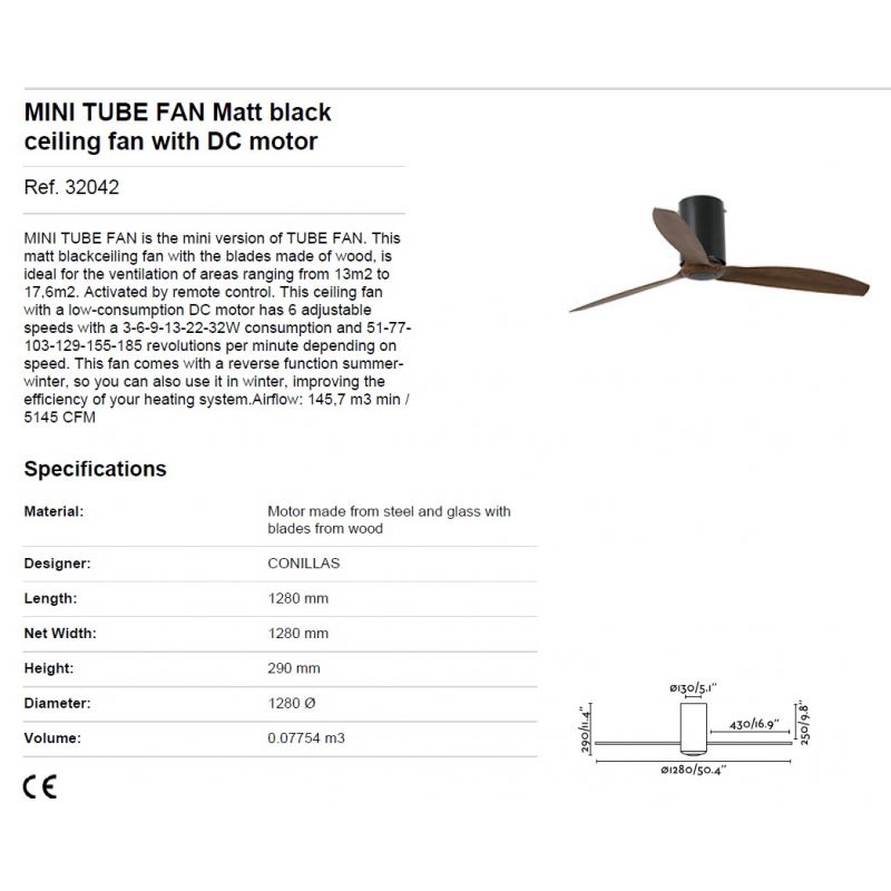 Ventilator de tavan modern cu telecomanda MINI TUBE FAN negru mat/lemn